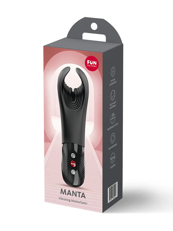 Fun Factory MANTA black male massager with front retail packaging