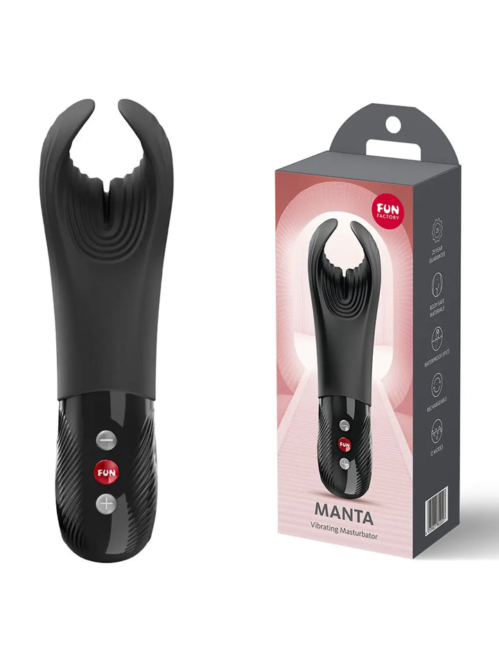 Fun Factory MANTA black male massager displayed beside packaging at an angle
