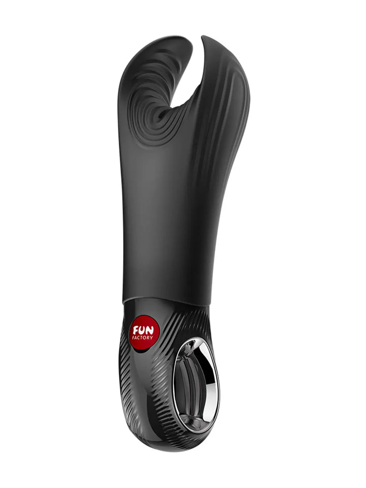 Fun Factory MANTA black male massager side profile showing curved design