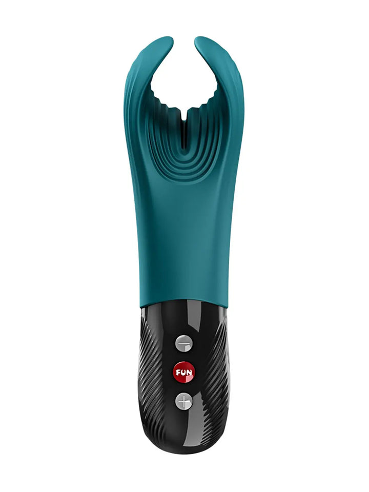Fun Factory MANTA male massager in bottle green shown from the front