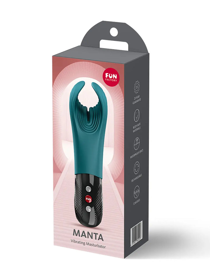 Fun Factory MANTA bottle green male massager with front retail packaging