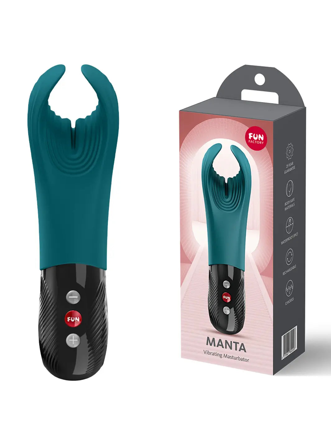Fun Factory MANTA bottle green male massager displayed beside packaging at an angle