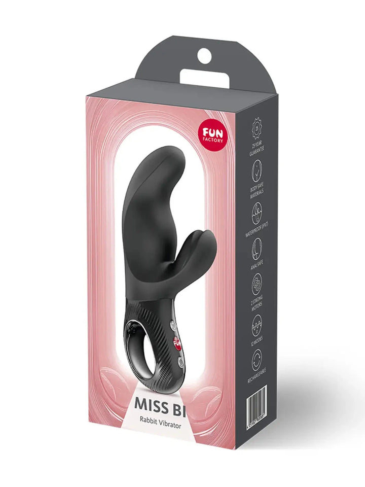 FUN FACTORY Miss Bi rabbit vibrator in black shown in hand for size reference - joujou.com.au