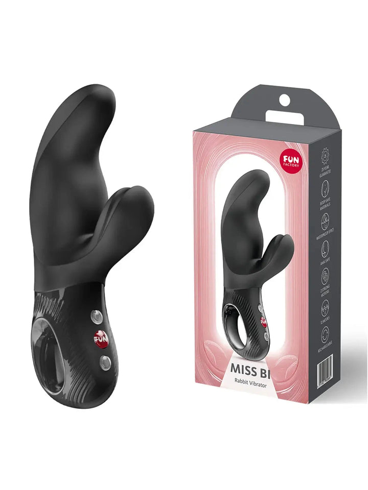 Upright view of the FUN FACTORY Miss Bi rabbit vibrator in black - joujou.com.au