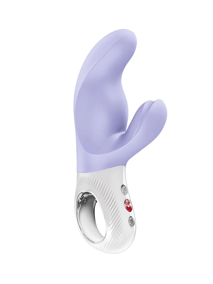 Front view of the FUN FACTORY Miss Bi rabbit vibrator in purple