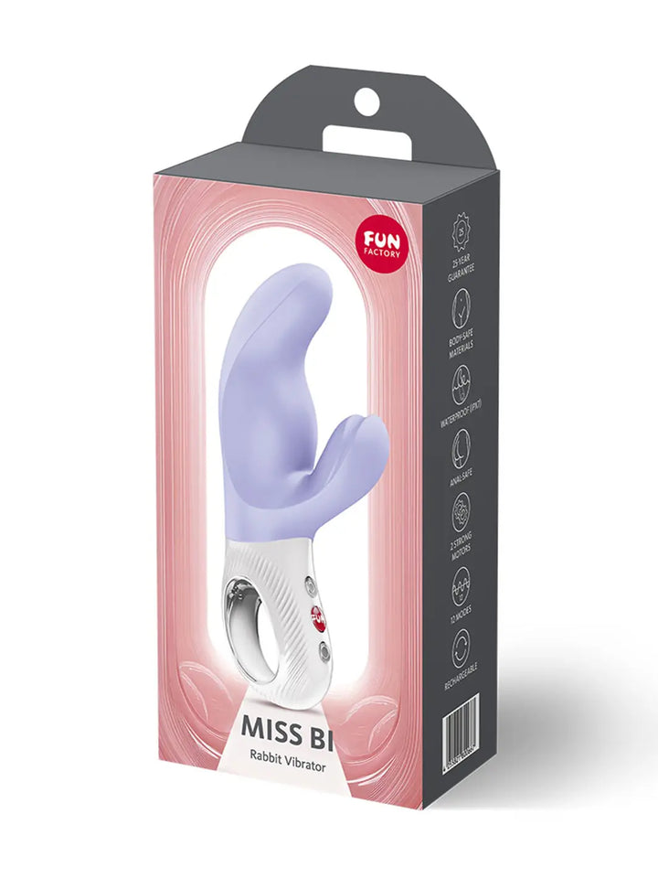 Front packaging of the FUN FACTORY Miss Bi rabbit vibrator in purple
