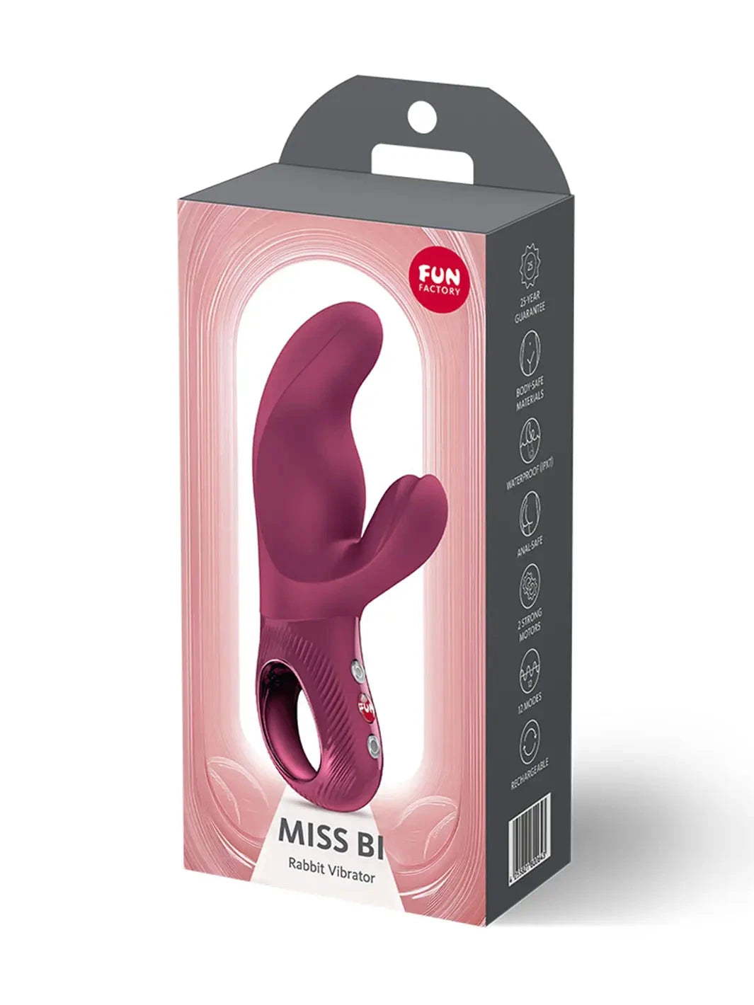 Front packaging of the FUN FACTORY Miss Bi rabbit vibrator in wine red