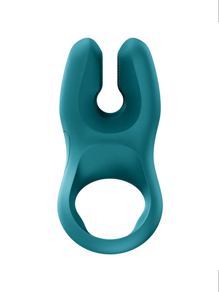 FUN FACTORY NOS Pro in bottle green back view showing the flexible dual-tip design and open loop handle.