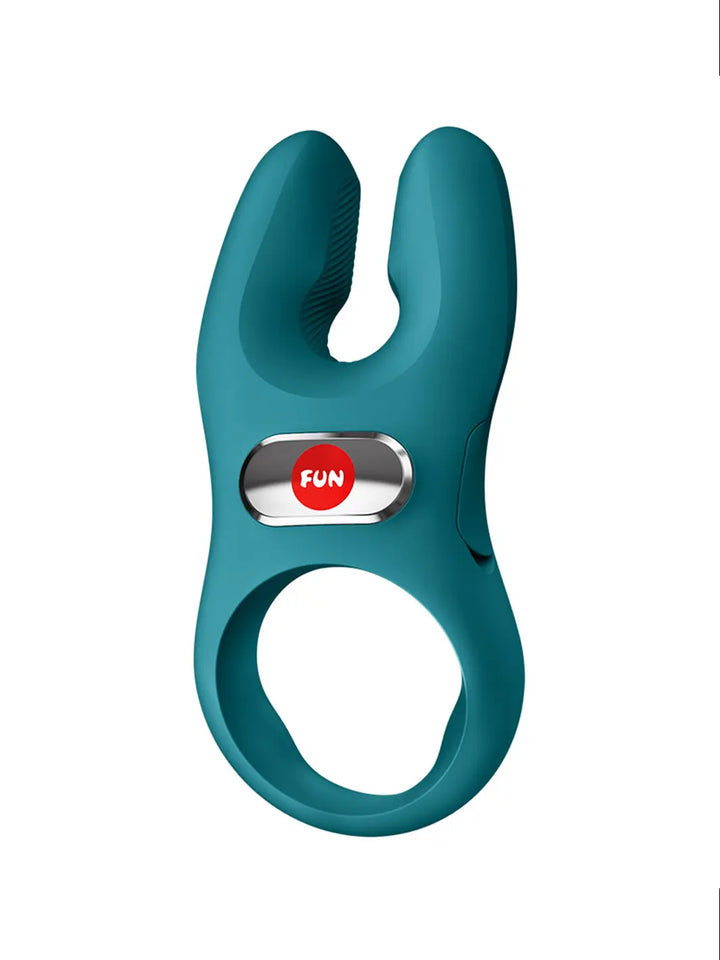 FUN FACTORY NOS Pro in bottle green main view with flexible dual tips, control button and ergonomic loop handle.