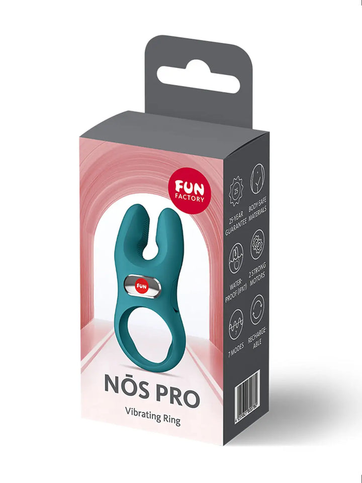 FUN FACTORY NOS Pro in bottle green shown with retail packaging and premium silicone finish.