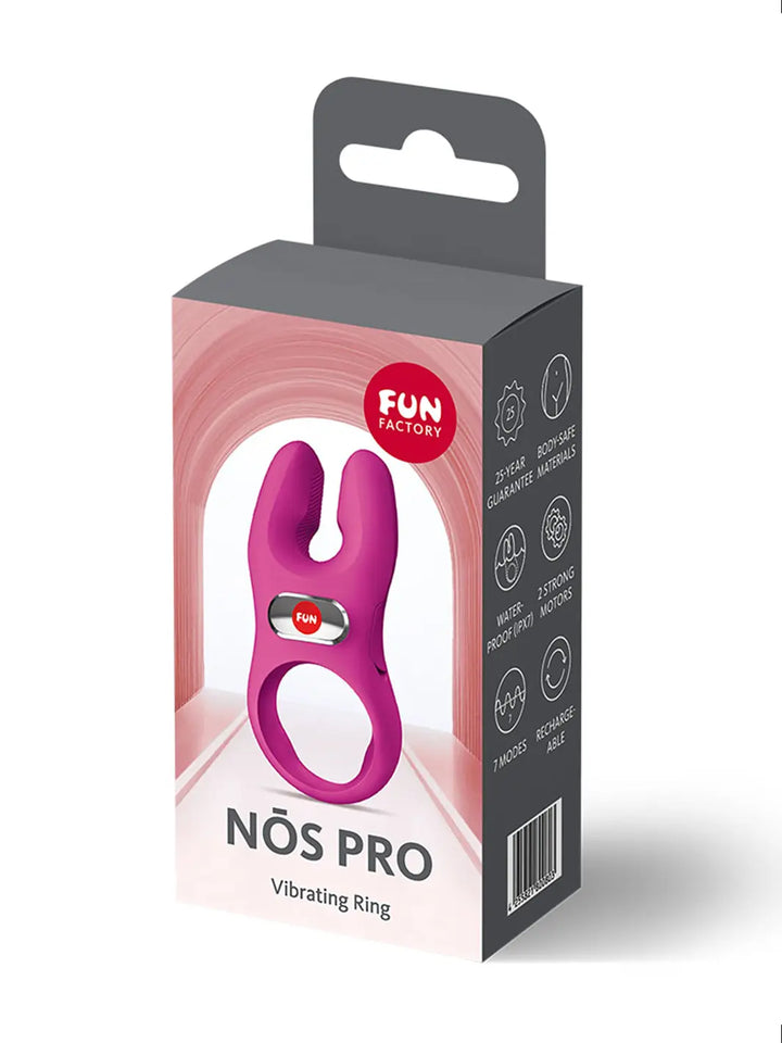 FUN FACTORY NOS Pro in magenta shown with retail packaging and premium silicone finish.