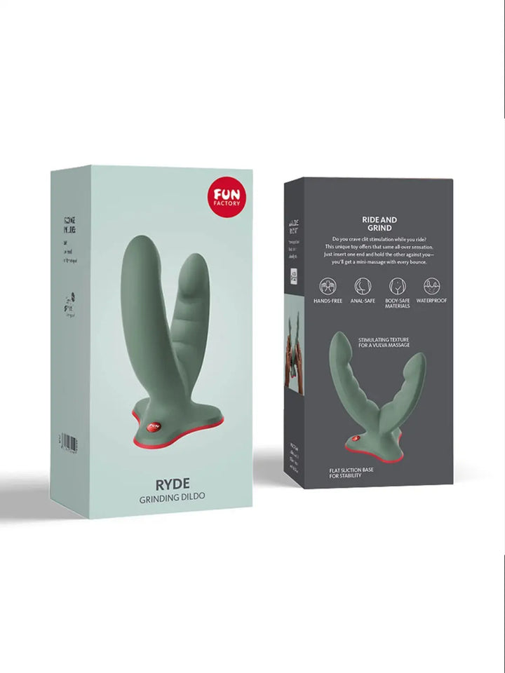FUN FACTORY Ryde dual stimulation grinding dildo in Wild Olive with retail packaging