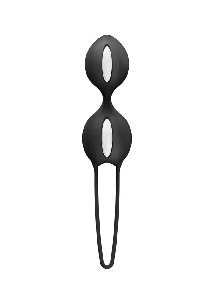 FUN FACTORY Smartballs Duo in black front view with smooth silicone finish and slim retrieval loop.