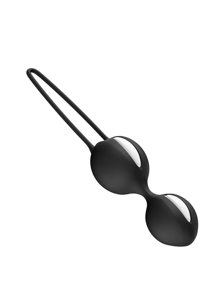 FUN FACTORY Smartballs Duo in black side view highlighting the connected dual ball shape and loop.