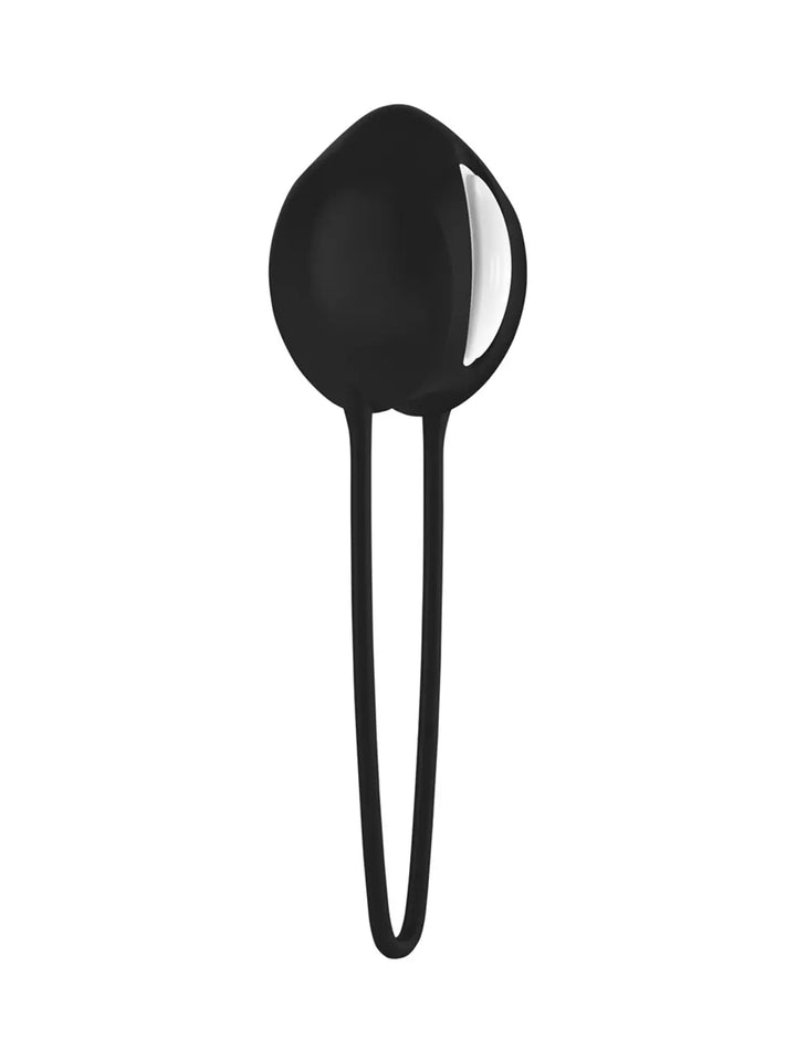 FUN FACTORY Smartballs Uno in black angled view showing single weighted design and slim retrieval loop.