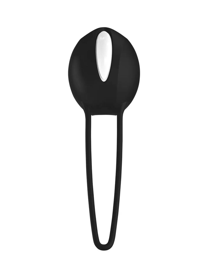 FUN FACTORY Smartballs Uno in black front view with smooth silicone finish and flexible retrieval loop.