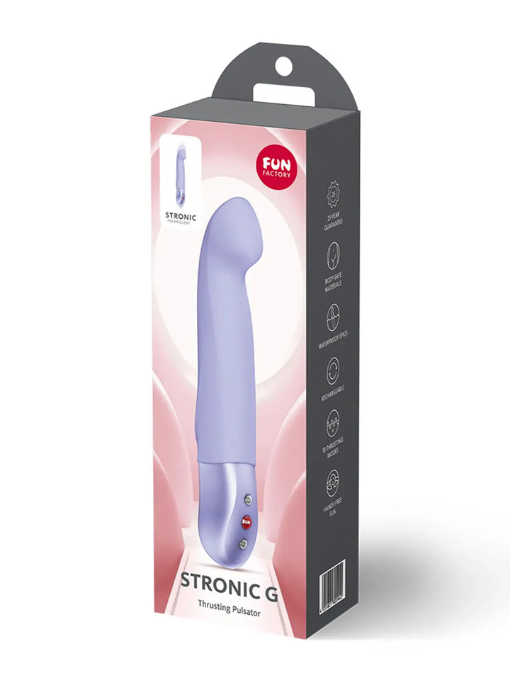 FUN FACTORY Stronic G in purple shown with retail packaging and premium silicone finish.