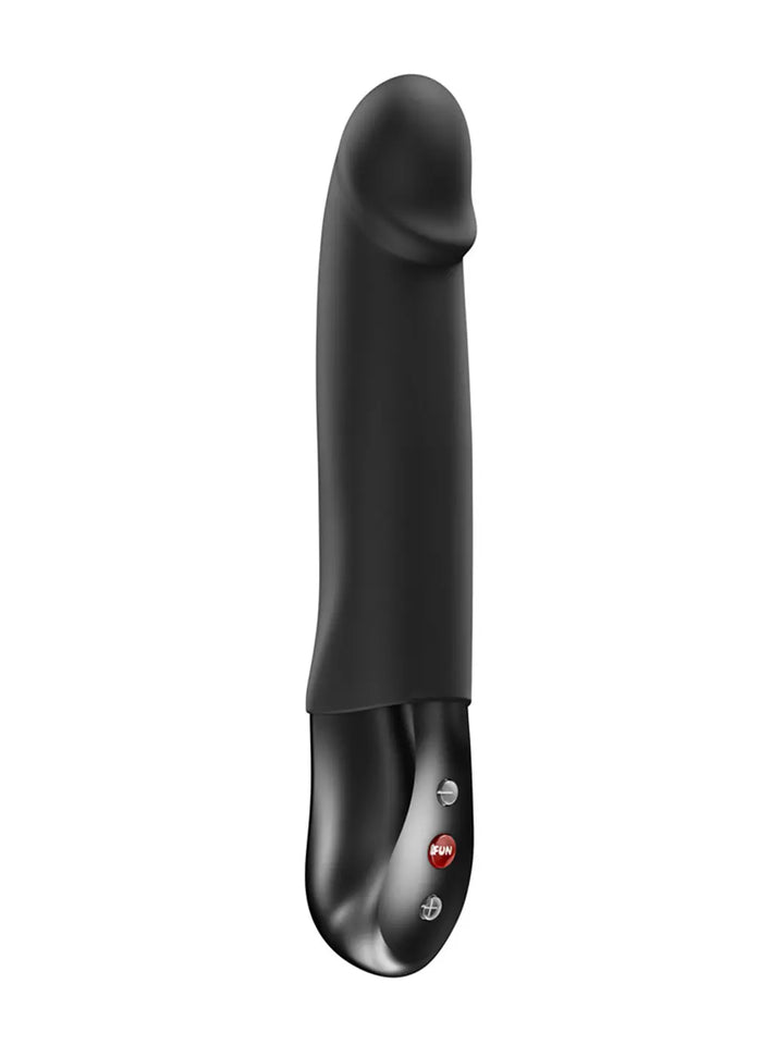 FUN FACTORY Stronic Real in bottle green angled view showing the smooth silicone body and ergonomic control handle.