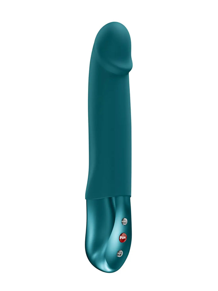 FUN FACTORY Stronic Real in black angled view showing the smooth silicone body and ergonomic control handle.