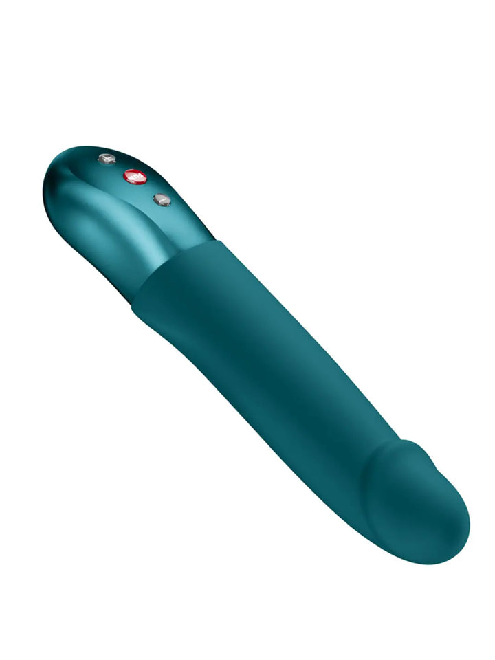 FUN FACTORY Stronic Real in black horizontal view showing the smooth shaft and control handle.