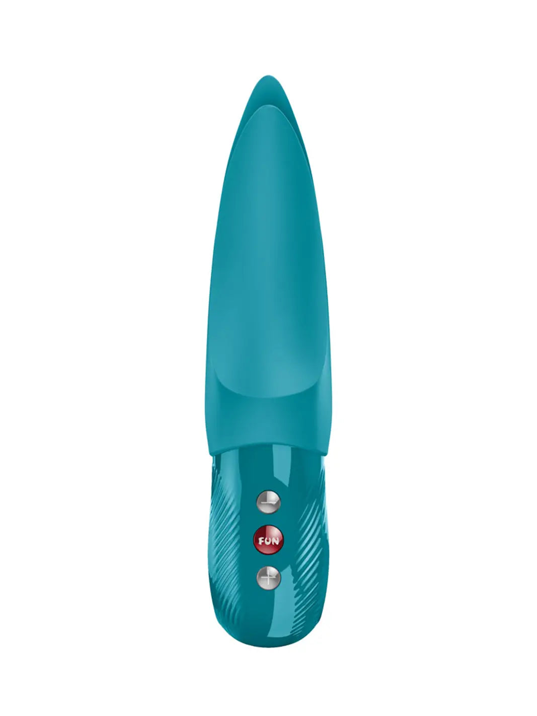 FUN FACTORY Volta in aquamarine front view with sleek handle, control buttons and curved dual tips.