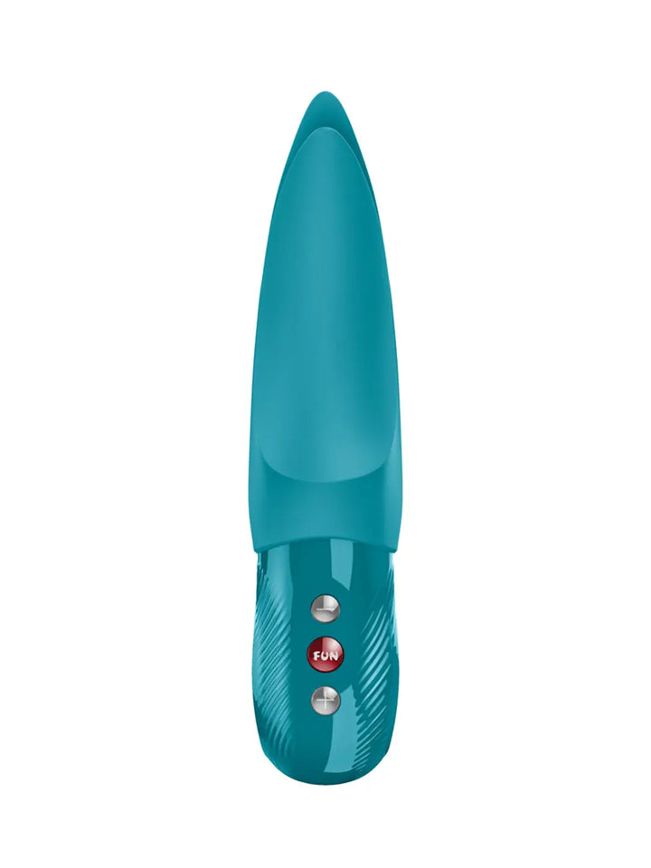 FUN FACTORY Volta in aquamarine front view with sleek handle, control buttons and curved dual tips.