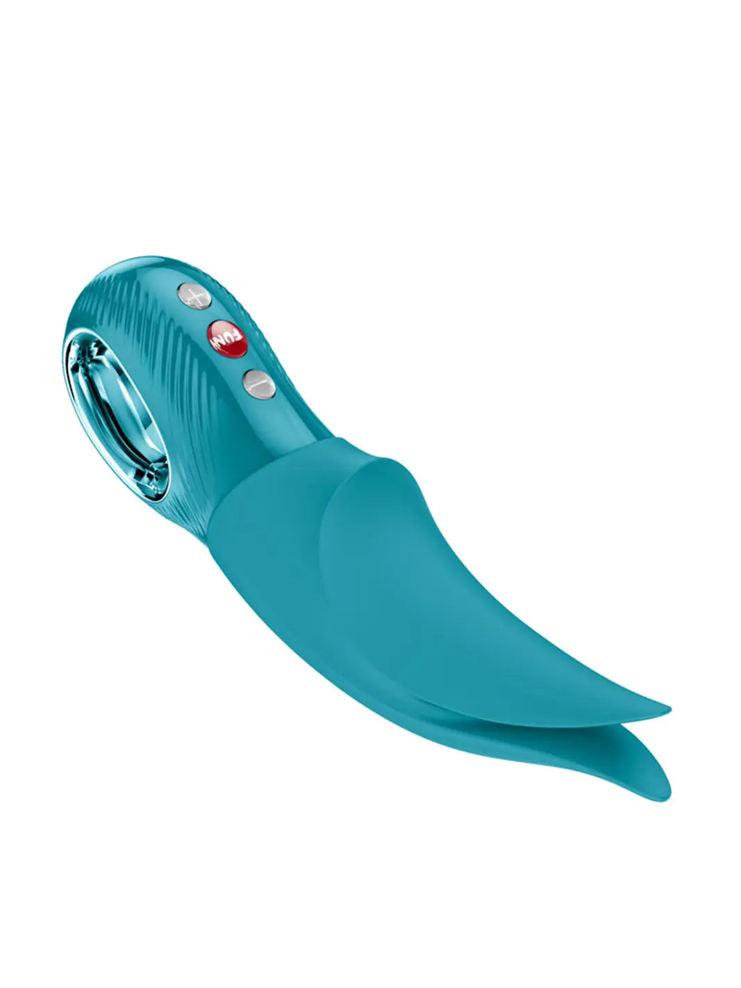 FUN FACTORY Volta in aquamarine side view highlighting the slim curved shape and precision tips.