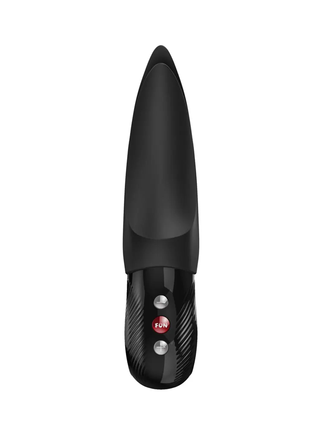 FUN FACTORY Volta in black front view with sleek handle, control buttons and curved dual tips.