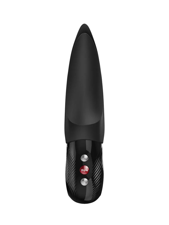 FUN FACTORY Volta in black front view with sleek handle, control buttons and curved dual tips.