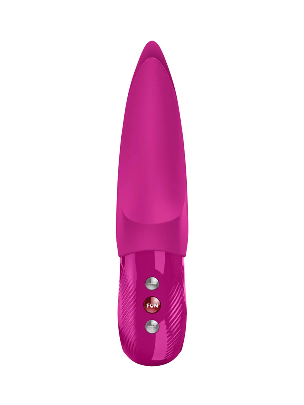 FUN FACTORY Volta in magenta front view with sleek handle, control buttons and curved dual tips.