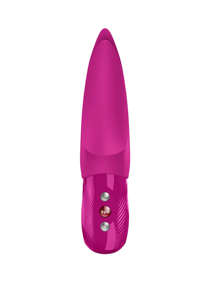 FUN FACTORY Volta in magenta front view with sleek handle, control buttons and curved dual tips.