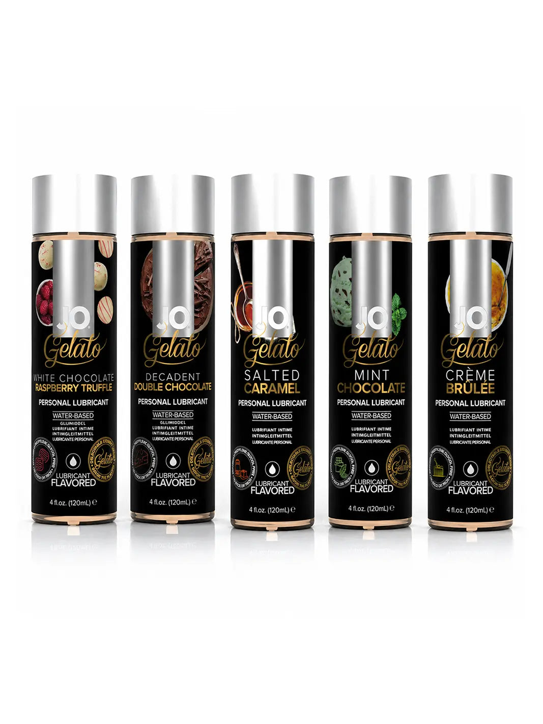JO Gelato flavoured lubricant set showing multiple flavours in pump bottle packaging