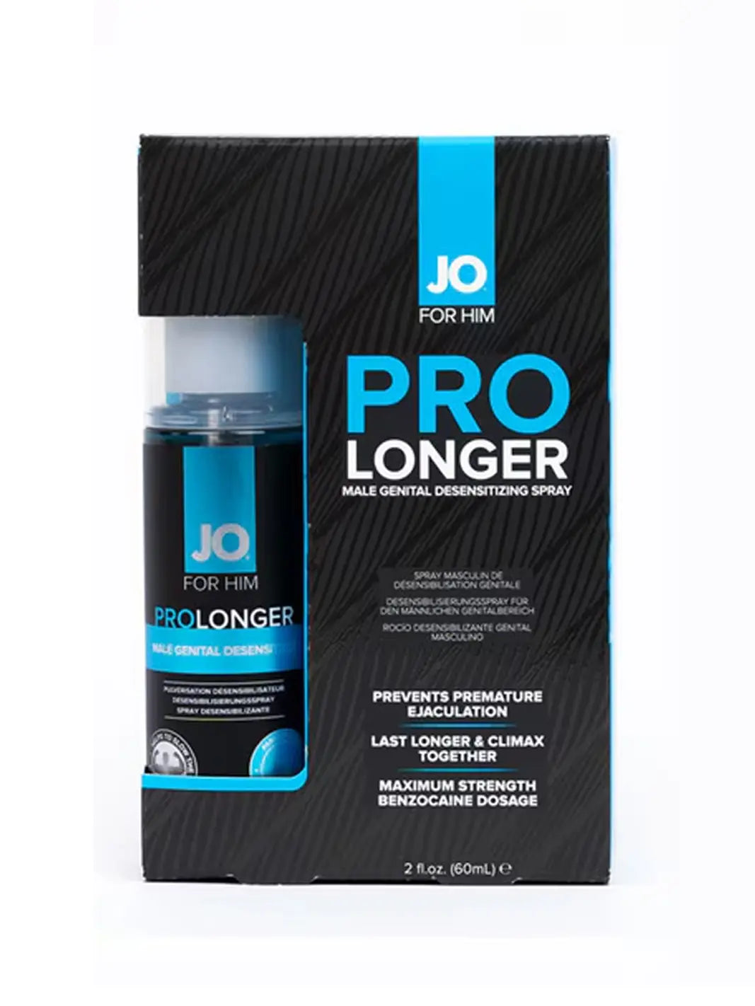 JO Prolonger Desensitizing Spray bottle with matching black and blue product box.