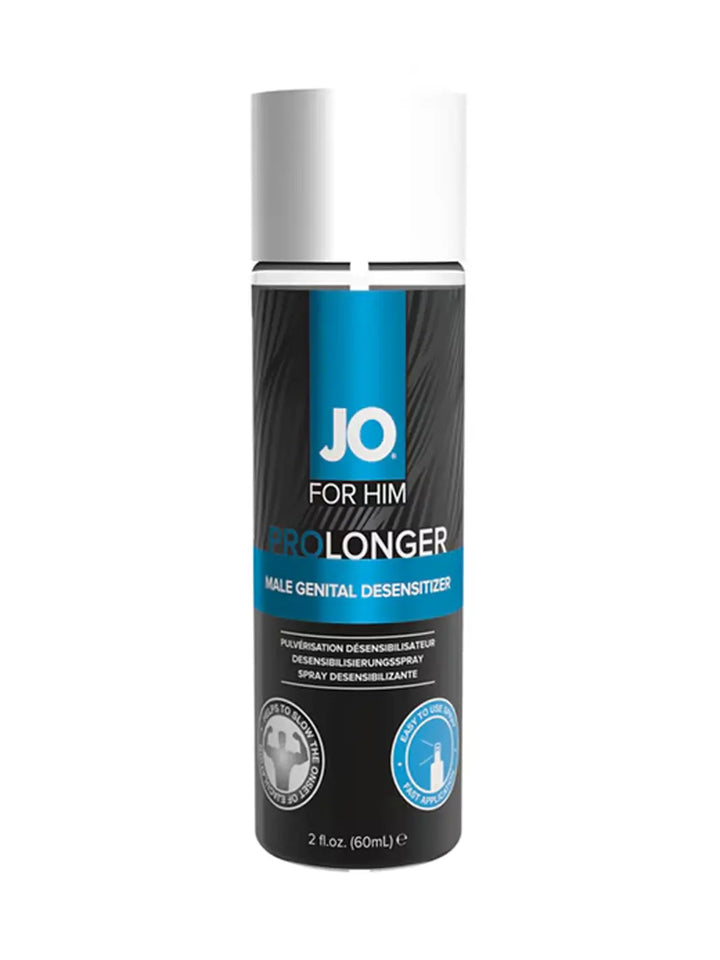 JO Prolonger Desensitizing Spray front bottle view with sleek black, silver and blue packaging.