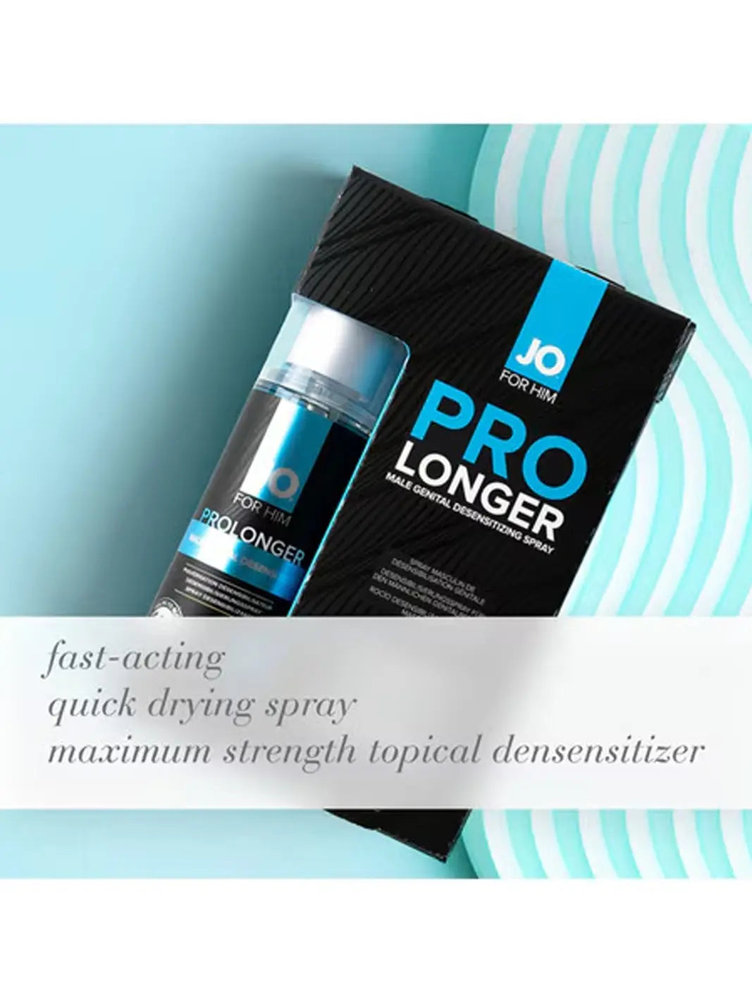 JO Prolonger Desensitizing Spray lifestyle graphic featuring the bottle and box with fast-acting spray benefits.