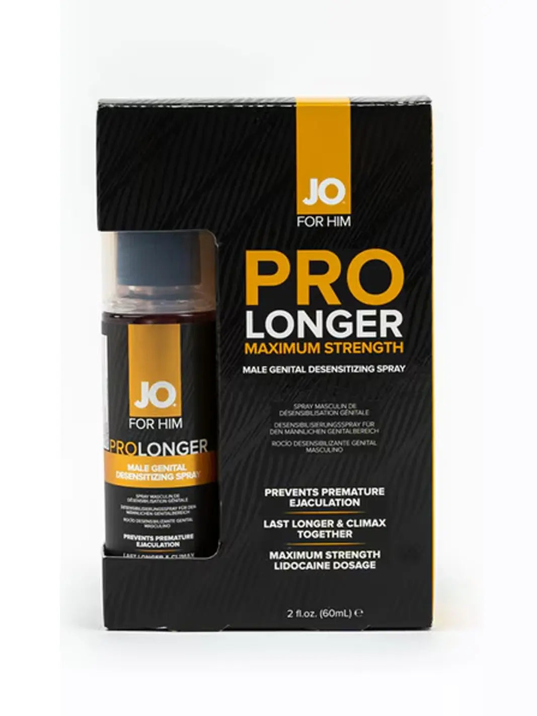 JO Prolonger Spray Lidocaine Desensitizer bottle with matching black and gold product box.