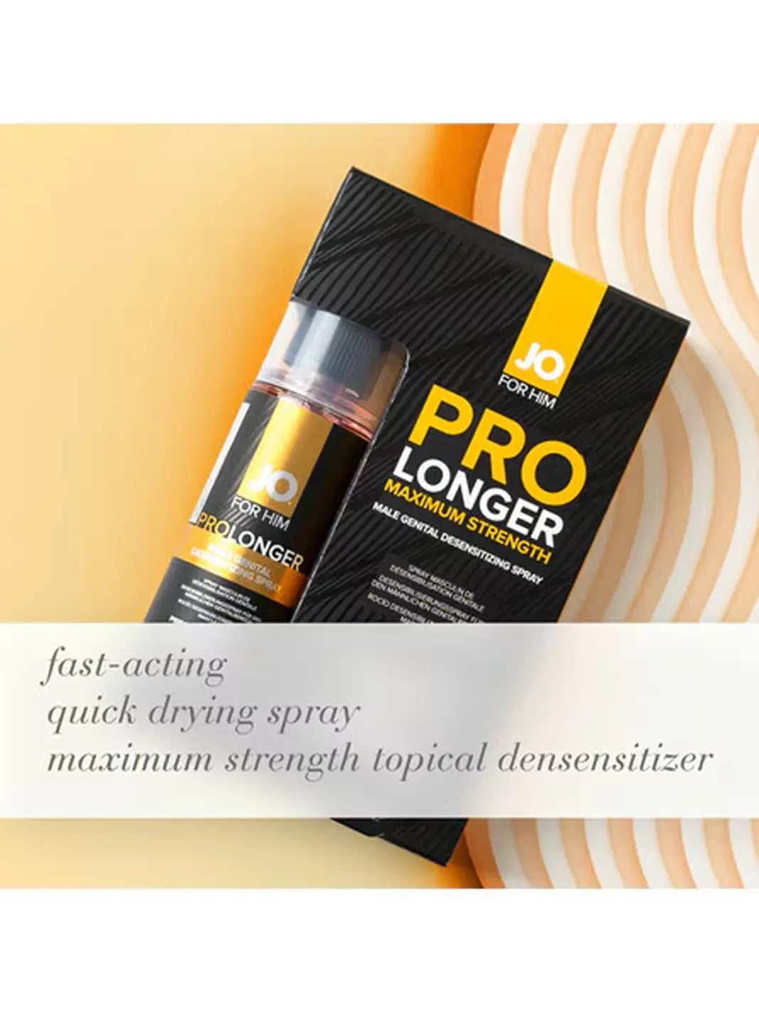 JO Prolonger Spray Lidocaine Desensitizer lifestyle graphic featuring the bottle and box with fast-acting spray benefits.