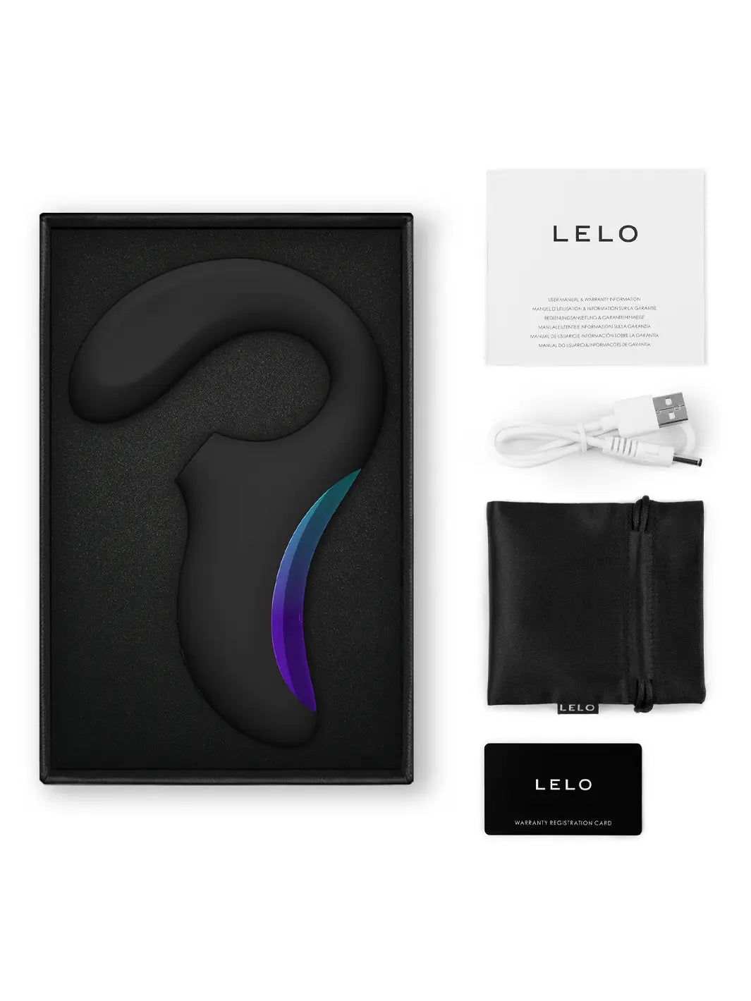 LELO Enigma Wave in black shown with product box, charging cable, pouch and care card.
