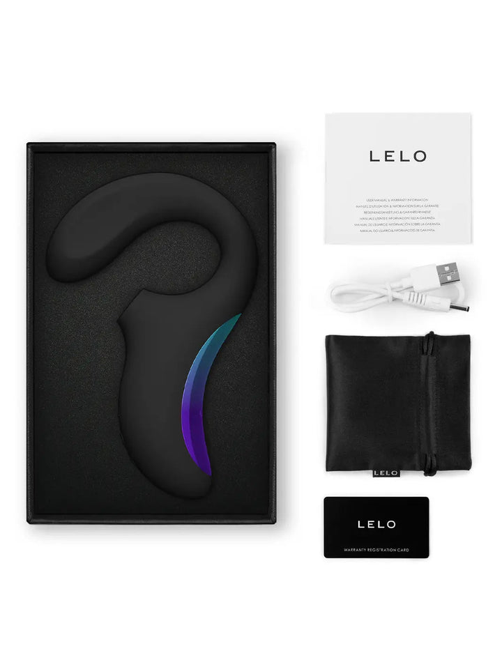LELO Enigma Wave in black shown with product box, charging cable, pouch and care card.