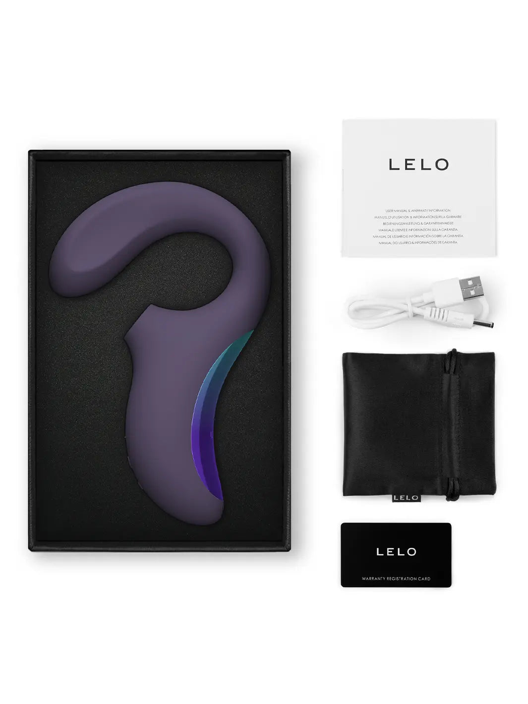 ELO Enigma Wave in cyber purple shown with product box, charging cable, pouch and care card.