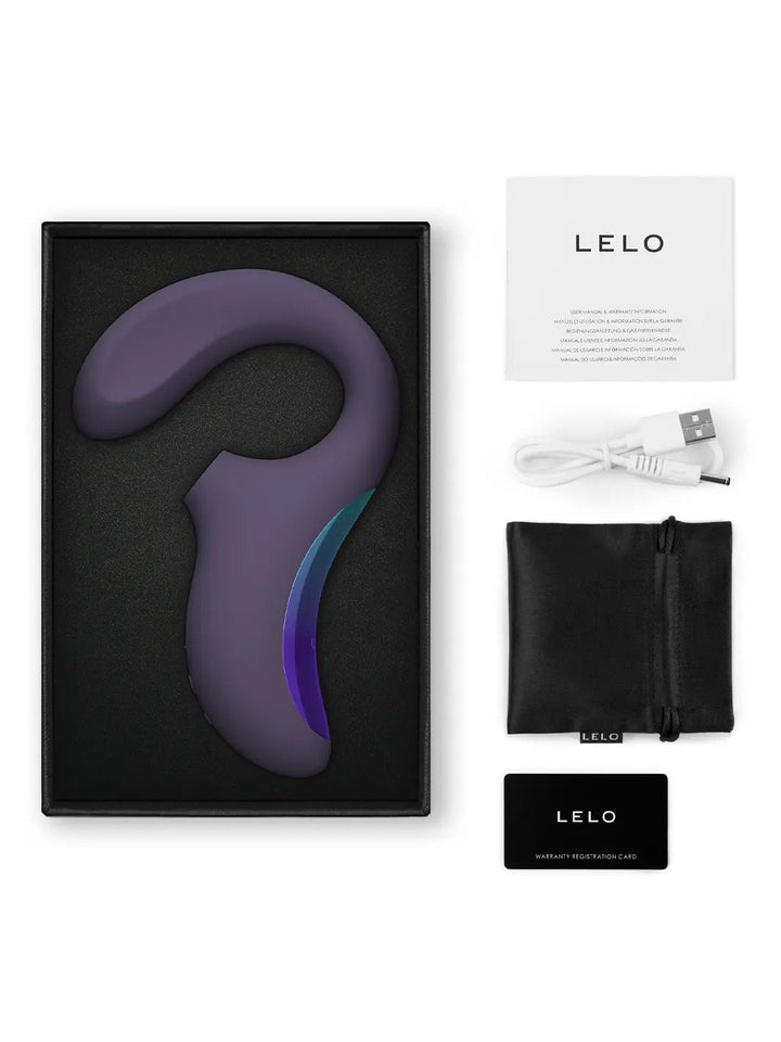 ELO Enigma Wave in cyber purple shown with product box, charging cable, pouch and care card.
