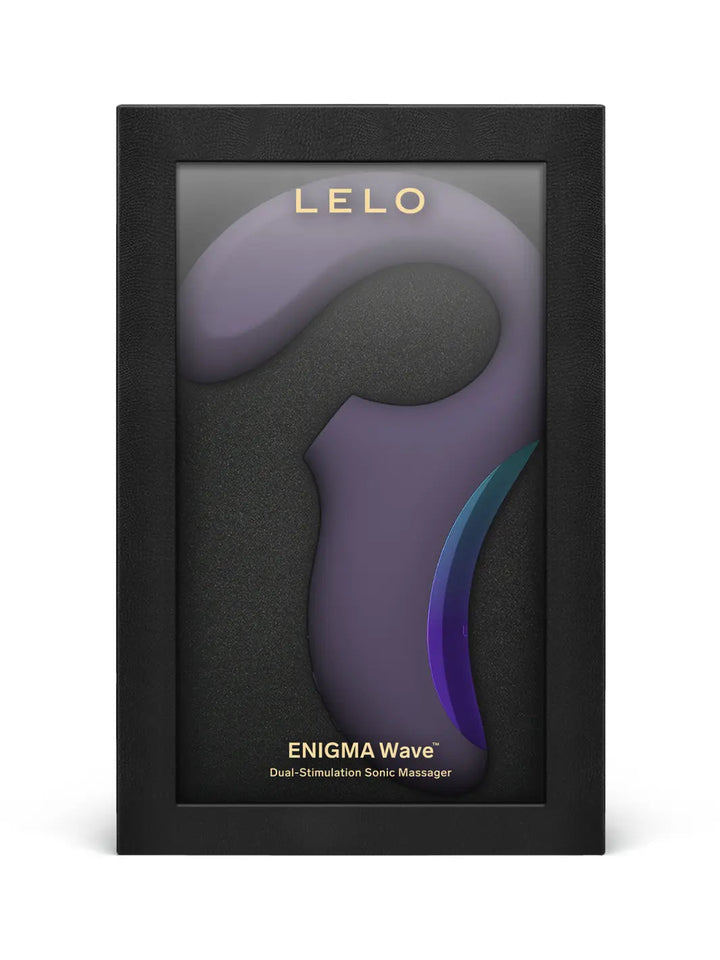 LELO Enigma Wave in cyber purple shown with premium black retail packaging.