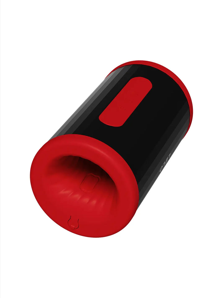 LELO F2S Double Sonic in red angled view highlighting the compact cylindrical shape and inner texture.
