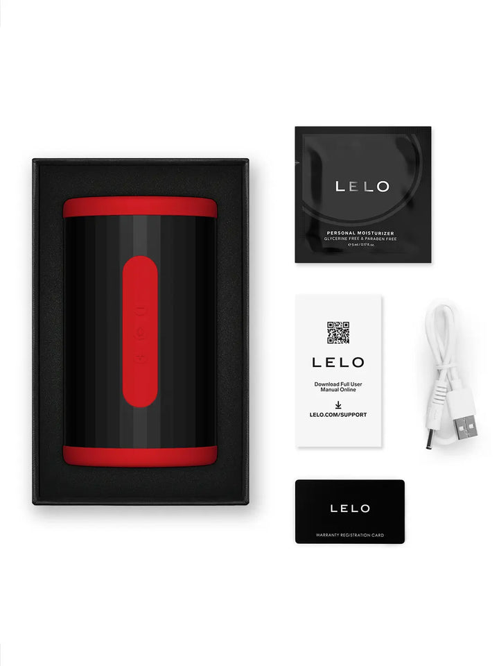 LELO F2S Double Sonic in red shown with product box, charging cable, pouch and care card.