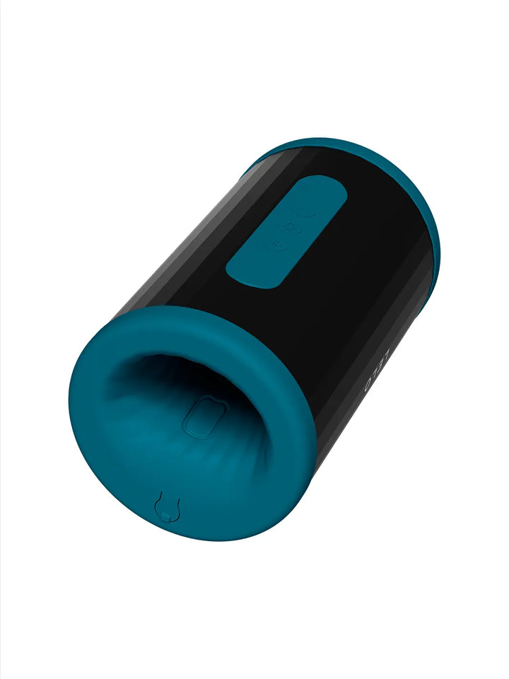 LELO F2S Double Sonic in teal angled view highlighting the compact cylindrical shape and inner texture.