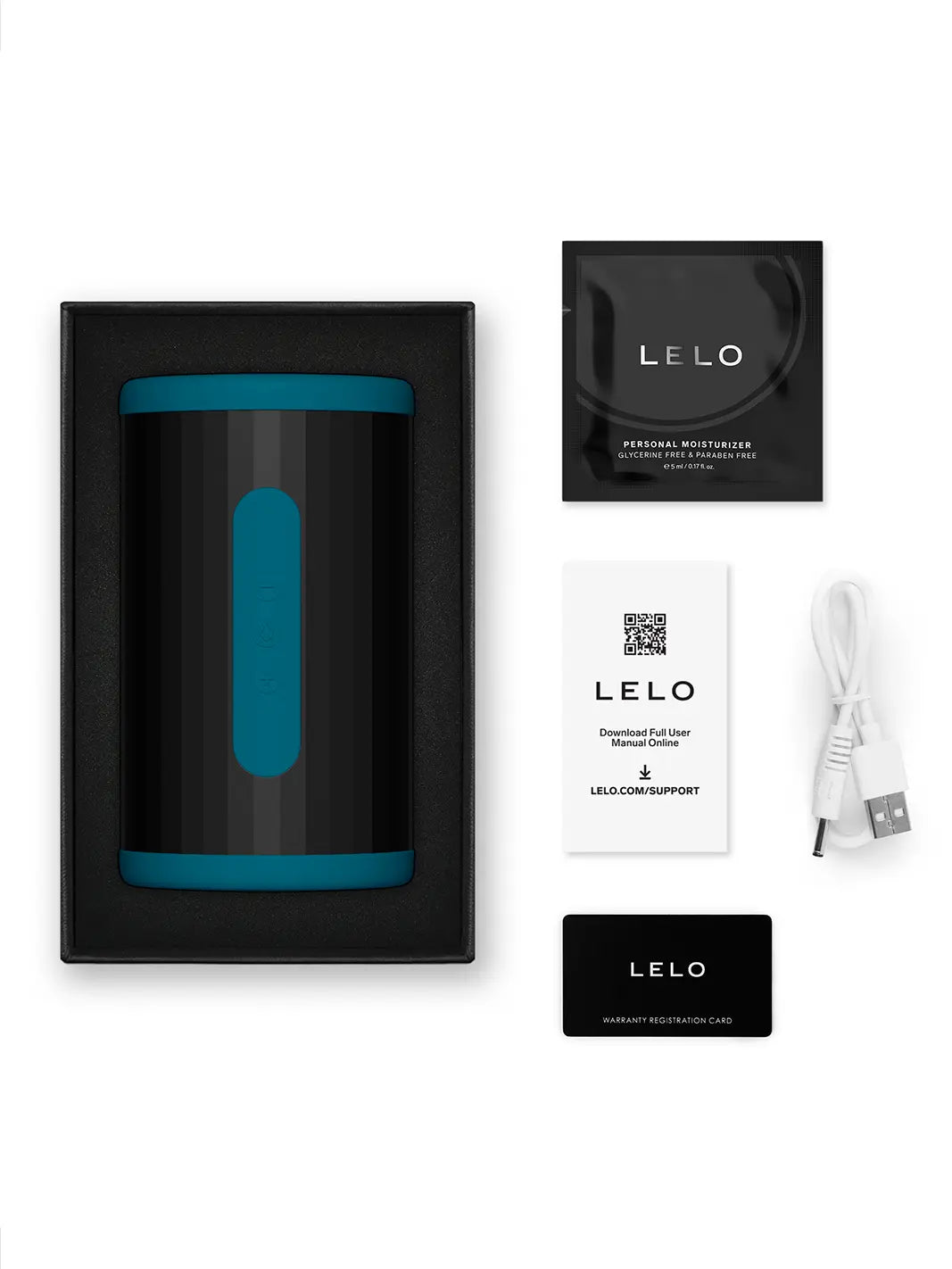 LELO F2S Double Sonic in teal shown with product box, charging cable, pouch and care card.