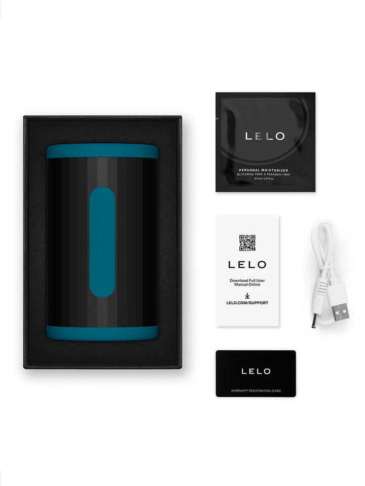 LELO F2S Double Sonic in teal shown with product box, charging cable, pouch and care card.