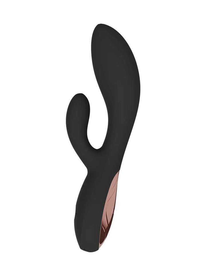 LELO Ina Thrust black angled view highlighting rose gold detail and ergonomic design.
