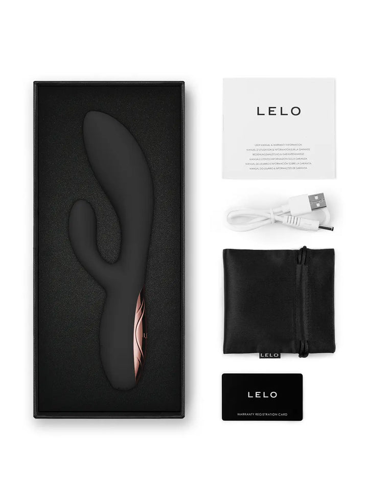 LELO Ina Thrust black with product box, charging cable, pouch and care card.