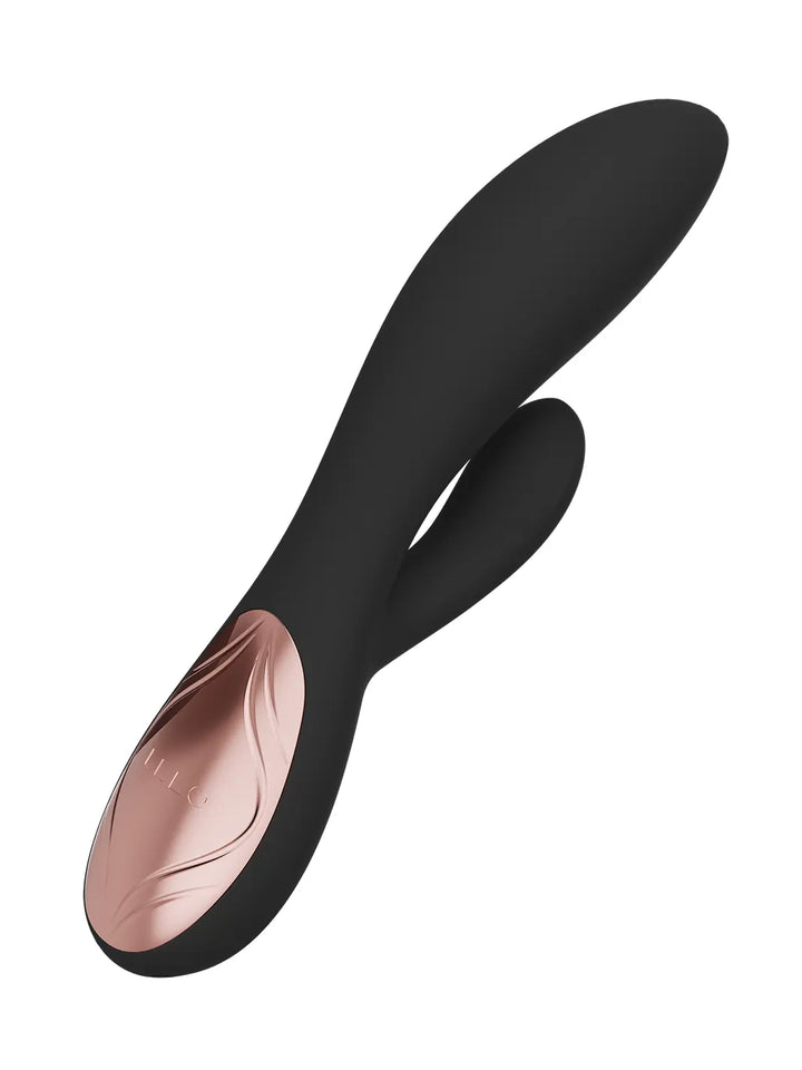 Close-up of LELO Ina Thrust black showing curved shape and rose gold control detail.